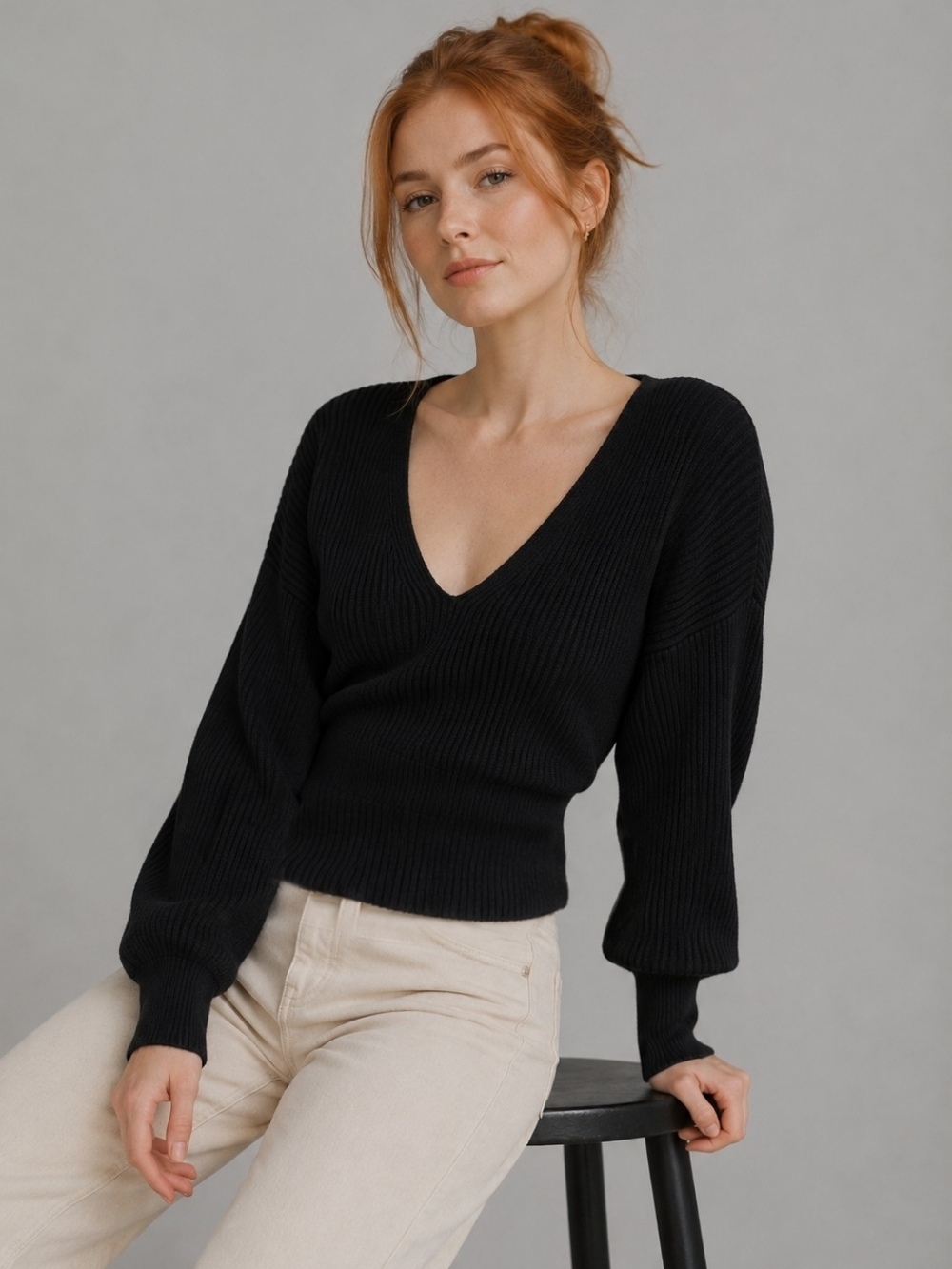 Free People Black Fisherman Ribbed Knit Sweater V-Neck Pullover Puff Sleeve Boho